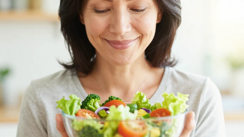 Mujer sonríe con ensalada saludable