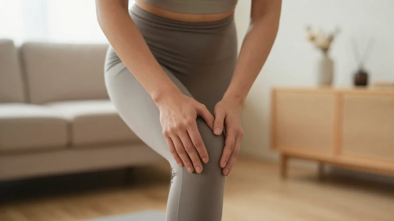 Mujer estira rodilla en ambiente hogareño