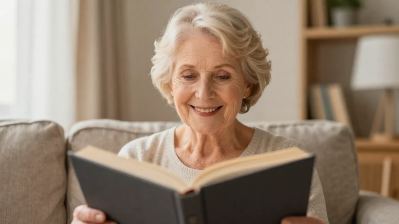 Mujer sonríe, libro abierto, ambiente cálido