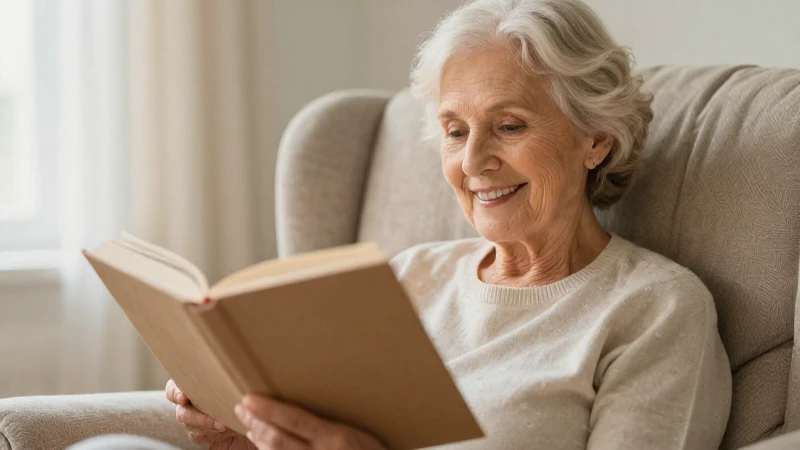 Mujer mayor sonríe, lectura acogedora