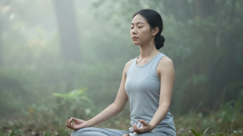 Mujer meditaba en un bosque tranquilo