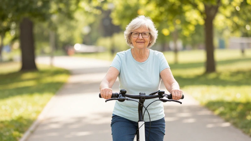 Mujer mayor pedalea feliz en un parque