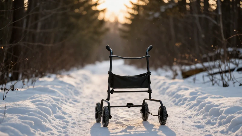 Caminante nórdico en bosque dorado invernal