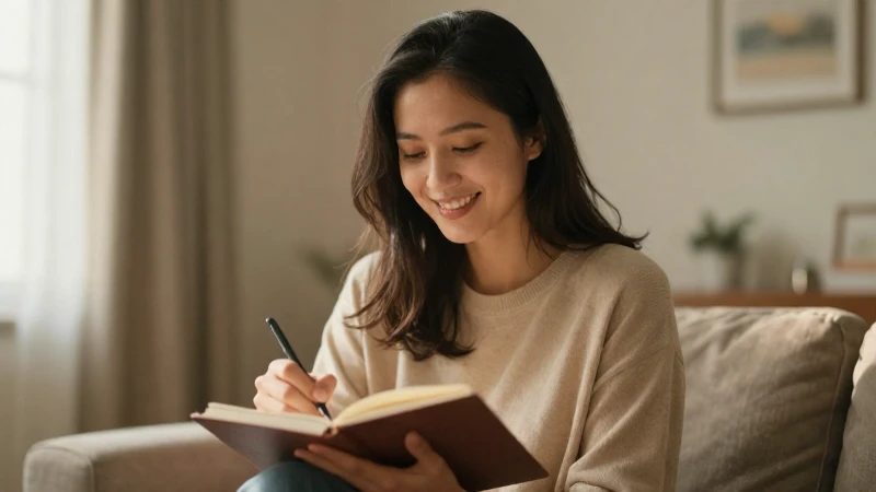 Mujer sonriente escribe en un ambiente cálido