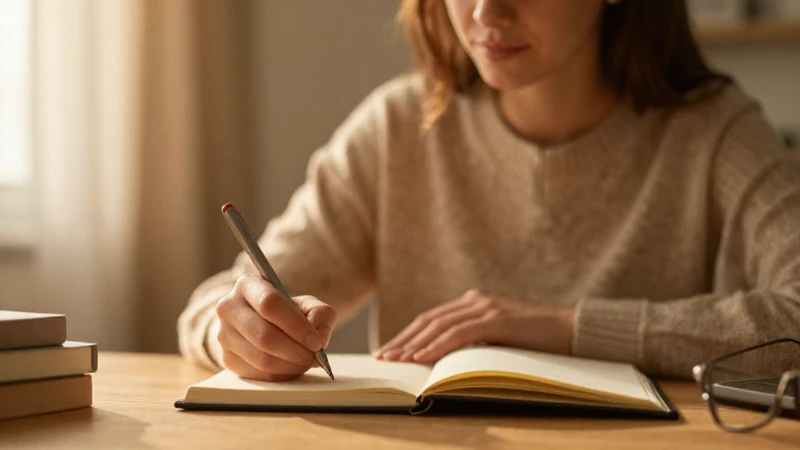 Estudio cálido, mujer escribe, ambiente acogedor