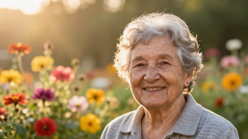 Mujer mayor sonríe entre flores cálidas