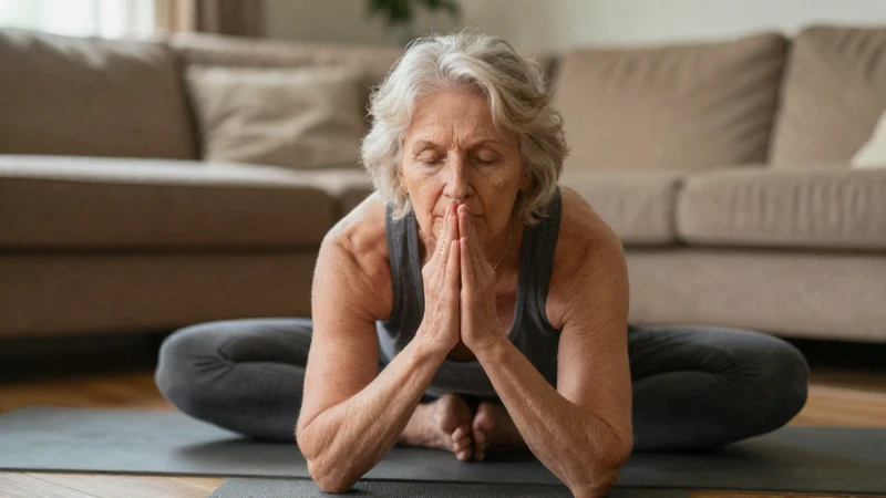 Mujer mayor practica yoga en casa, serenidad