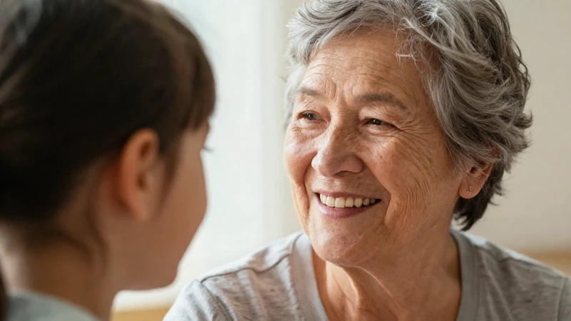 Abuela sonríe, nieto la escucha, amor
