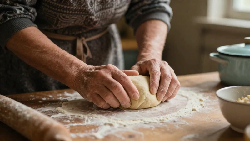 Manos amasando masa, ambiente hogareño nostálgico