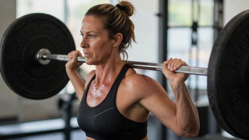 Mujer fuerte levanta pesas con energía
