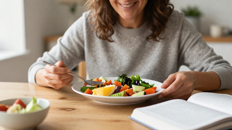 Mujer sonríe ante comida saludable y cálida
