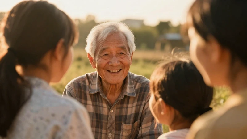 Abuelo feliz, rodeado de nietos, luz cálida