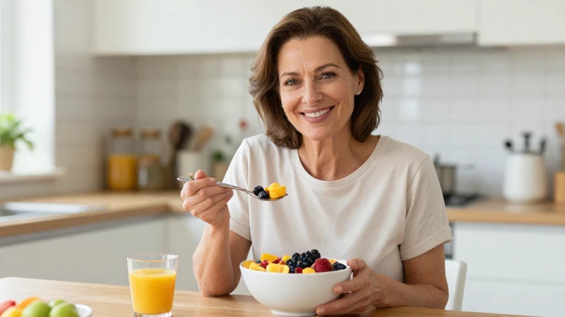Mujer sonríe con un desayuno colorido