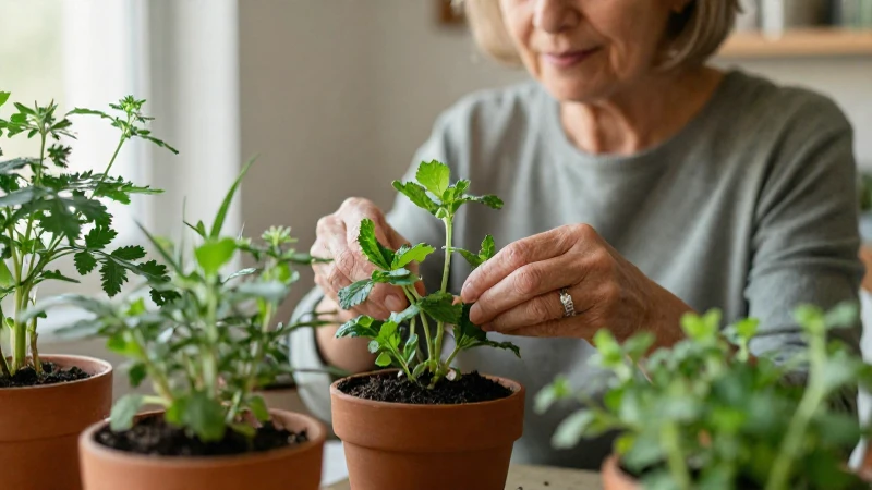 Mujer mayor cultiva hierbas