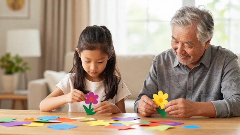 Abuelo y nieto hacen flores coloridas