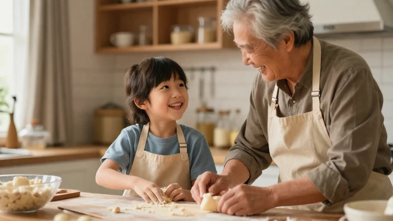 Abuelo y nieto hornean con alegría