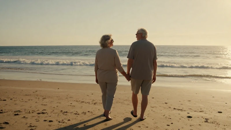 Pareja mayor, playa soleada, luz dorada
