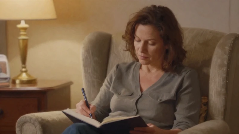 Mujer escribe, cálida luz, estilo impresionista