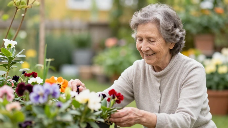 Mujer mayor sonríe en un jardín tranquilo