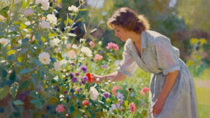 Mujer cuidando flores en jardín impresionista