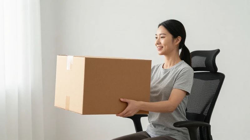 Mujer levanta caja en estudio limpio