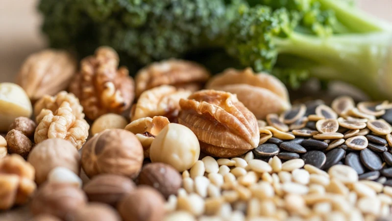 Naturaleza muerta cálida, frutos secos y vegetales