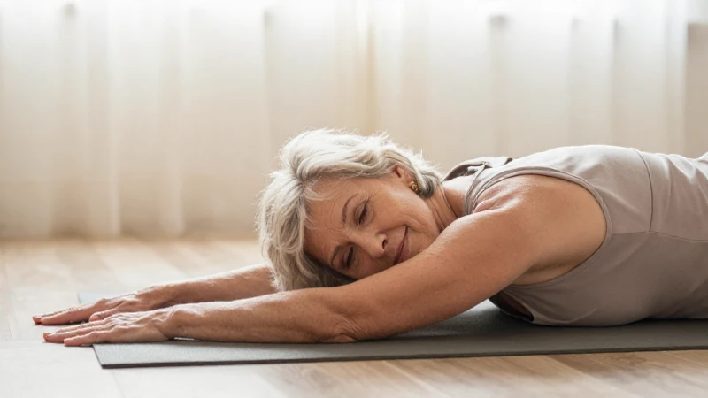 Mujer mayor practica yoga con calma