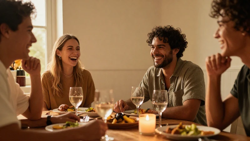 Amigos riendo en una cena cálida