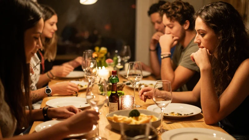 Amistad, cena, luz cálida, intimidad