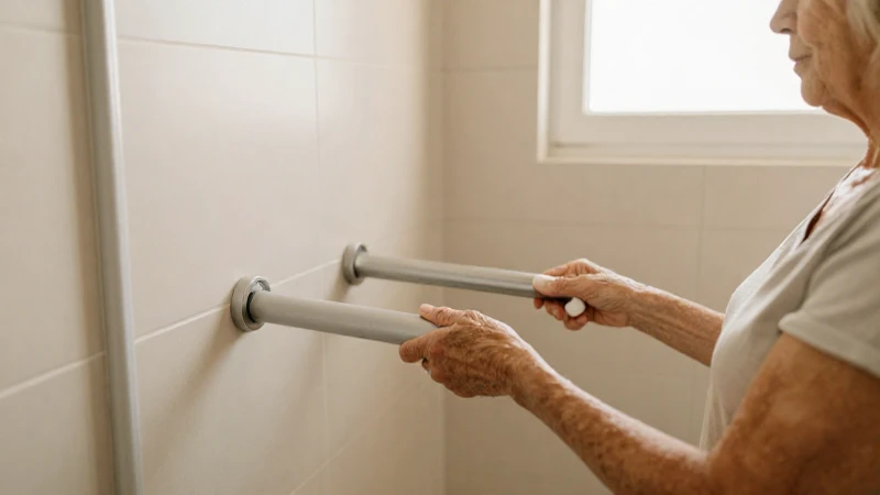 Mujer mayor en baño, luz cálida y segura
