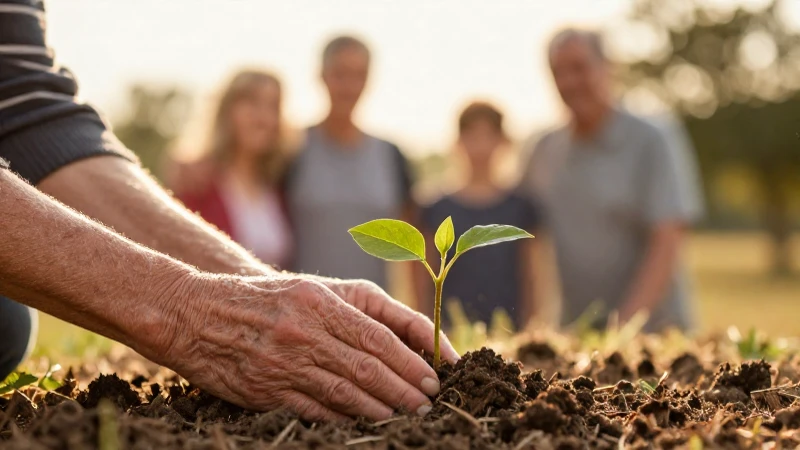 Manos mayores plantan un árbol, cálido recuerdo