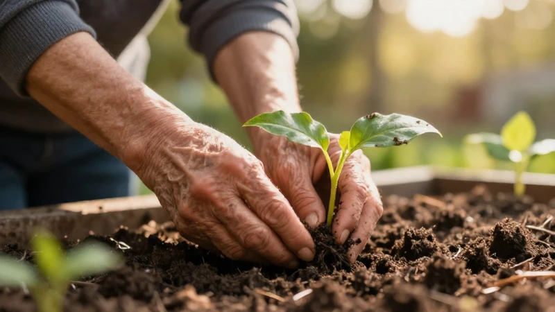 Manos ancianas plantan una plántula al sol