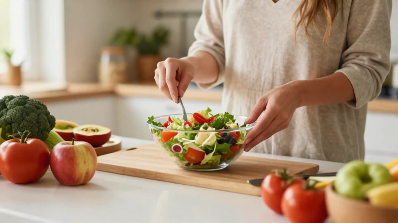 Mujer prepara ensalada fresca y colorida