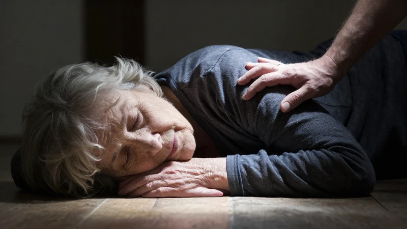 Mujer anciana cae, mano la ayuda