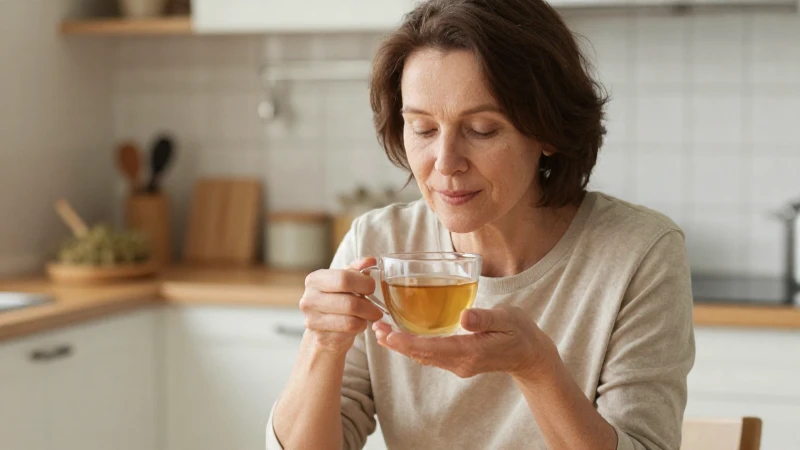 Mujer serena, té y ambiente acogedor