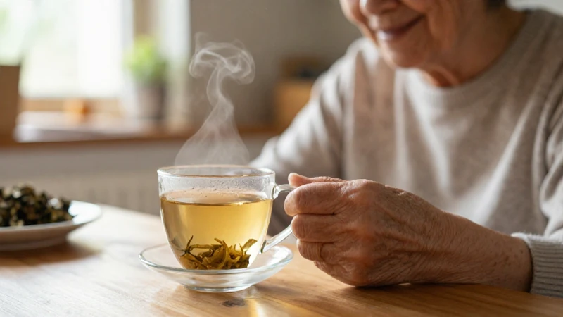 Mujer mayor disfruta té en ambiente cálido