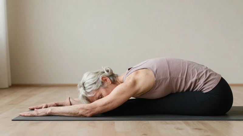 Mujer mayor, yoga, luz cálida y serena