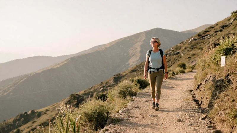 Mujer madura camina por la montaña