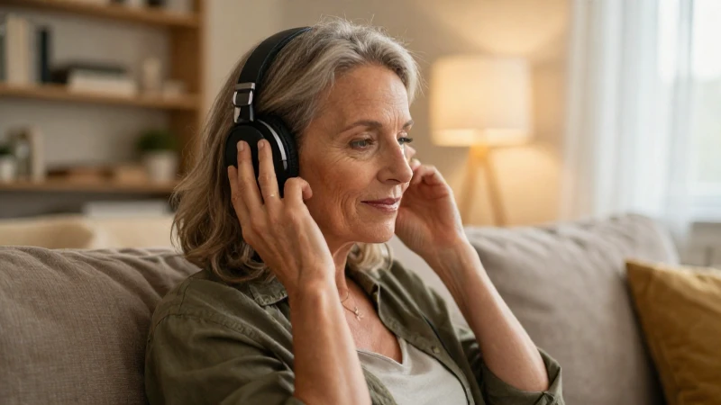Mujer relajada, música, hogar cálido