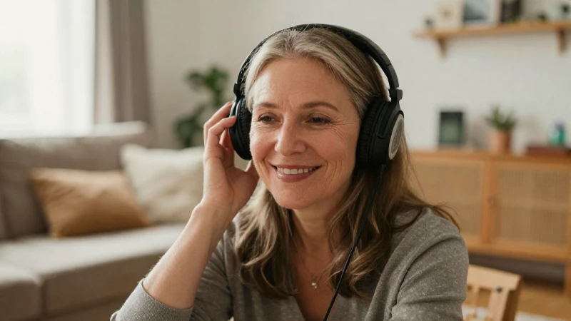 Mujer sonríe, cómoda, con auriculares