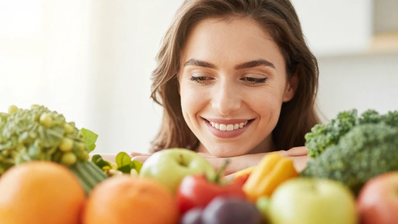Mujer sonríe rodeada de alimentos saludables