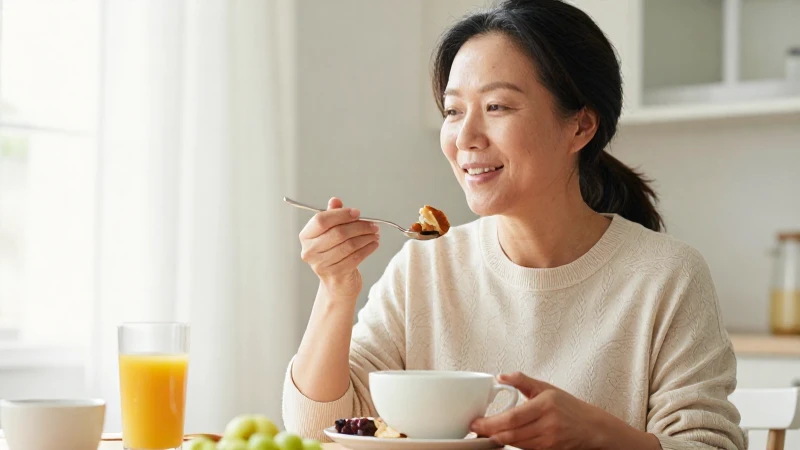 Mujer madura disfruta un desayuno luminoso
