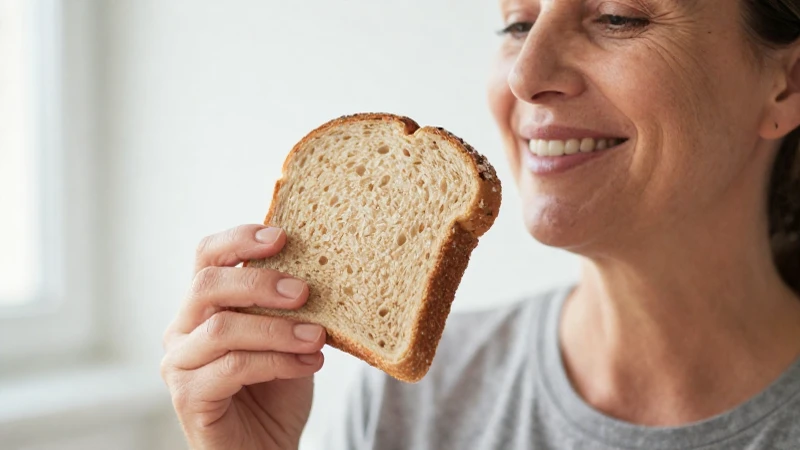 Mujer sonríe con pan integral saludable