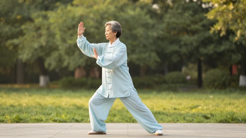 Anciana practica Tai Chi, paz natural