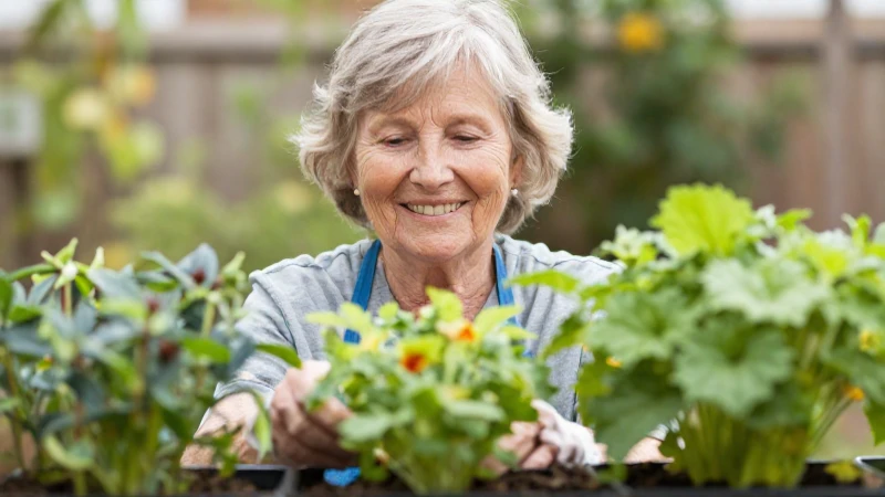 Mujer mayor sonríe en un jardín