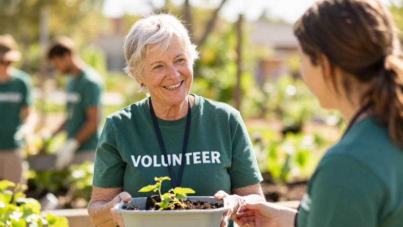 Voluntario sonríe, ayuda en un jardín