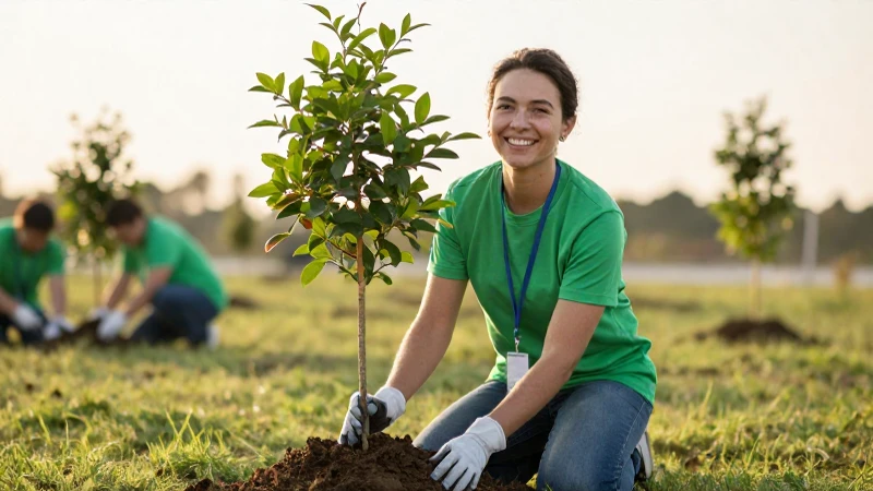 Voluntario sonríe plantando un árbol al atardecer