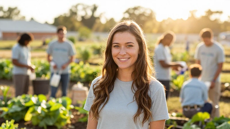 Voluntarios felices cultivan un jardín soleado